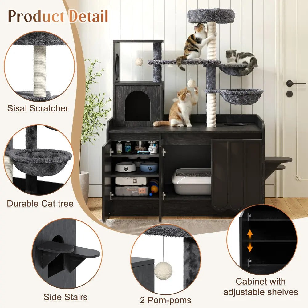50.6 Inch All-in-One Cat Tree with Hidden Litter Box Enclosure, Modern Cat Tower with  Sisal Scratching Post and Storage Cabinet, Cat Condo with Private House, Hammock and Top Perch,  Black