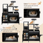 50.6 Inch All-in-One Cat Tree with Hidden Litter Box Enclosure, Modern Cat Tower with  Sisal Scratching Post and Storage Cabinet, Cat Condo with Private House, Hammock and Top Perch,  Black