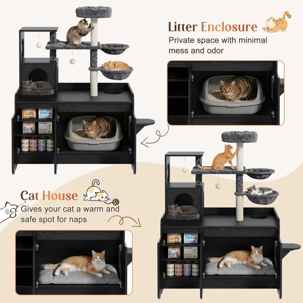 50.6 Inch All-in-One Cat Tree with Hidden Litter Box Enclosure, Modern Cat Tower with  Sisal Scratching Post and Storage Cabinet, Cat Condo with Private House, Hammock and Top Perch,  Black
