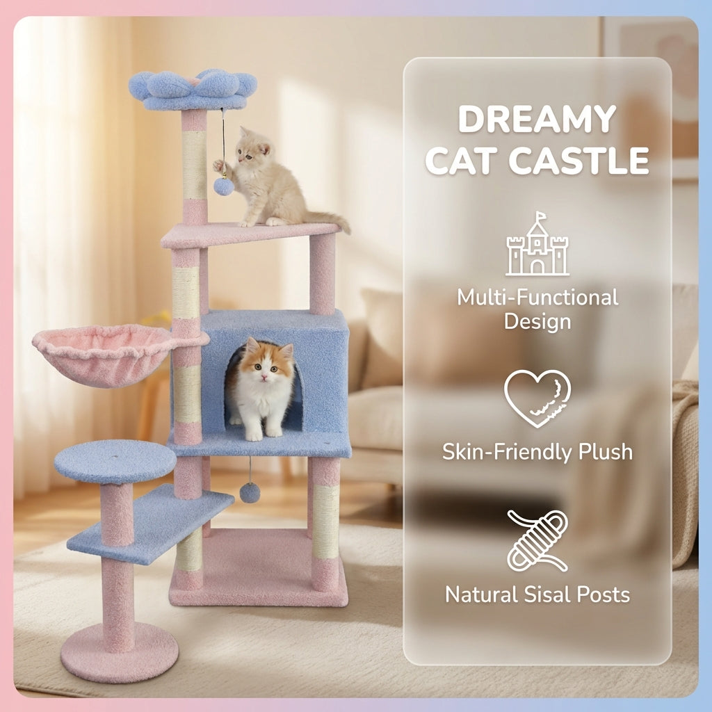 Flower Cat Tree with Large Condo, Removable Flower Cushion & Hammock