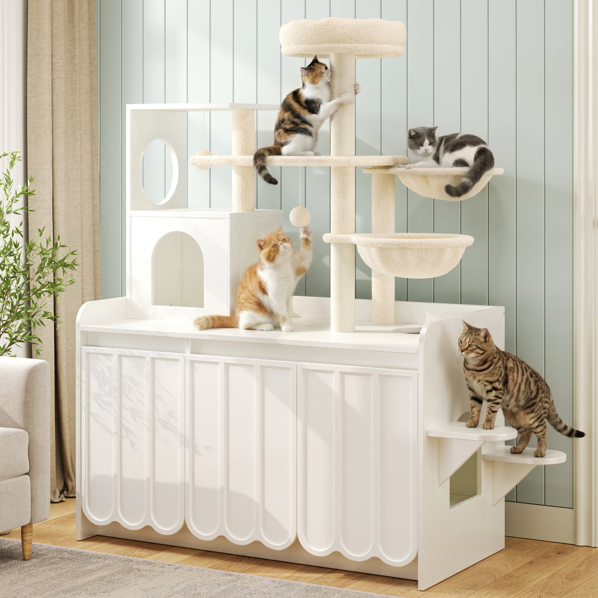 Cat 50.6 Inch All-in-One Cat Tree with Hidden Litter Box Enclosure, Modern Cat Tower with  Sisal Scratching Post and Storage Cabinet, Cat Condo with Private House, Hammock and Top Perch,  Black