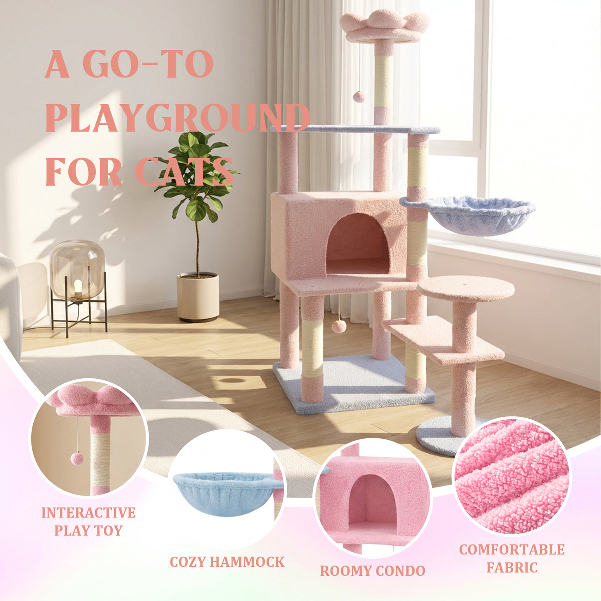 Flower Cat Tree with Large Condo, Removable Flower Cushion & Hammock