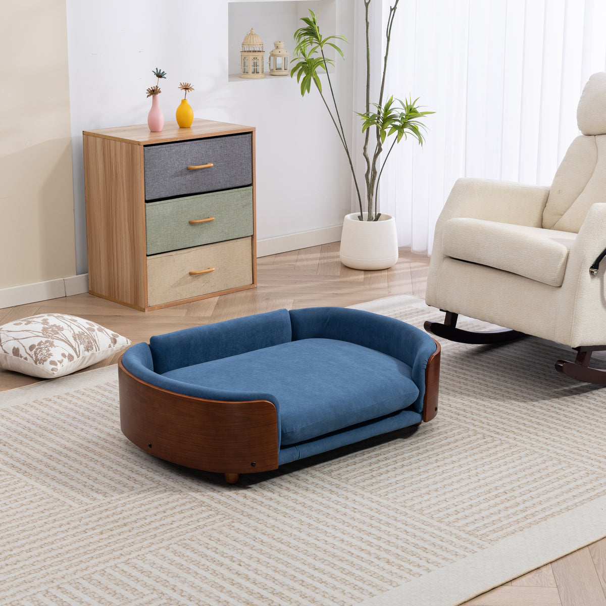 Scandinavian Elevated Dog Bed with Solid Wood Legs, Bent Wood Back & Velvet Cushion