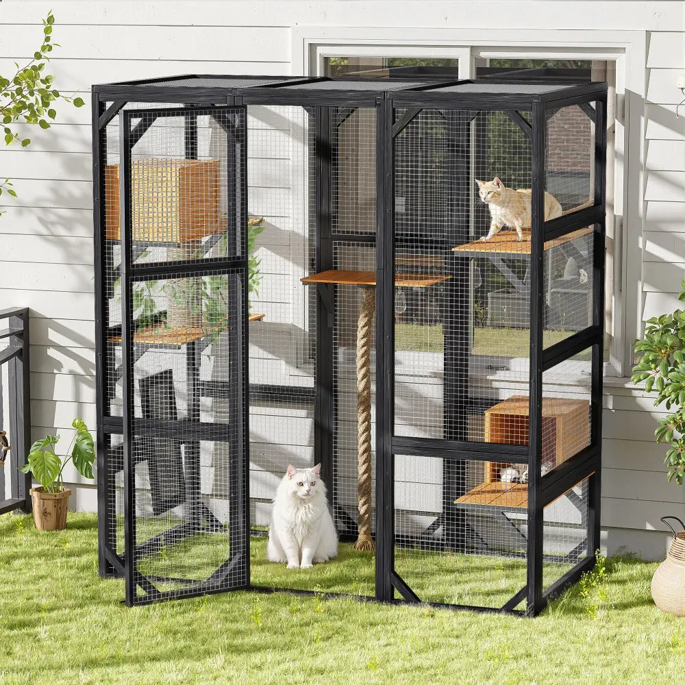 Large Outdoor Catio Enclosure, 62.8"L×32.2"W×68.5"H Balcony Cat Playpen with Dual  Access Doors, Multiple Platforms and 2 Private Condos, Suitable for 1 to 3 Cats, Black & Brown