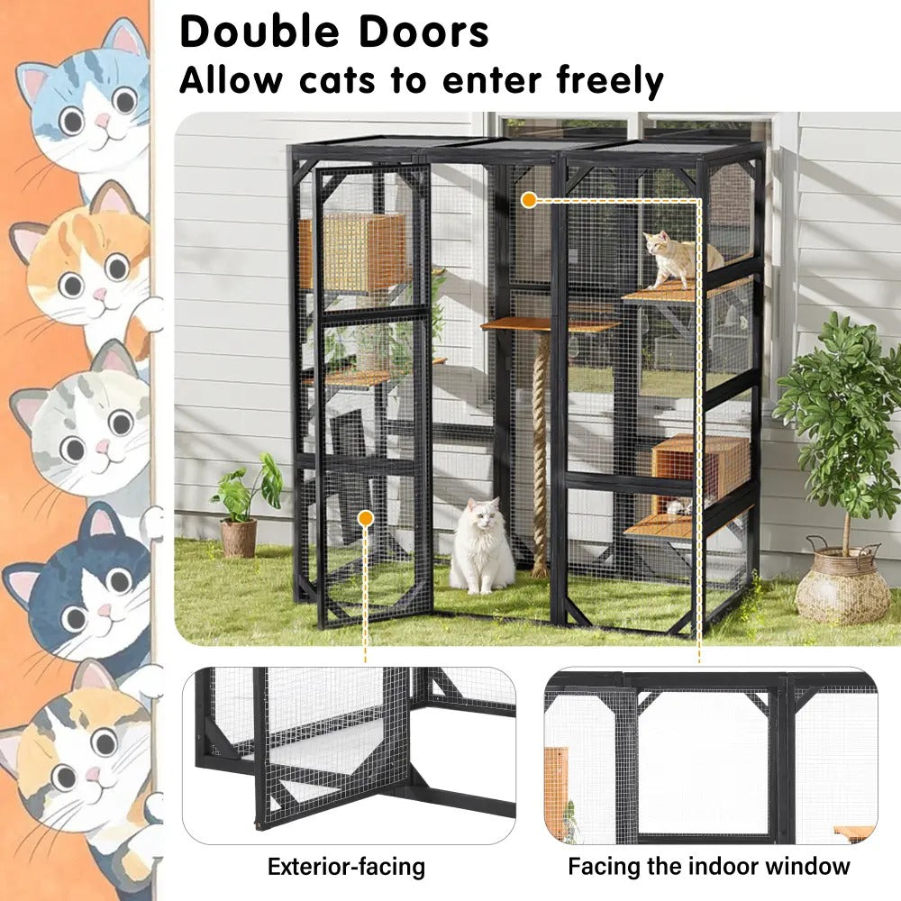 Cat Large Outdoor Catio Enclosure, 62.8"L×32.2"W×68.5"H Balcony Cat Playpen with Dual  Access Doors, Multiple Platforms and 2 Private Condos, Suitable for 1 to 3 Cats, Black & Brown