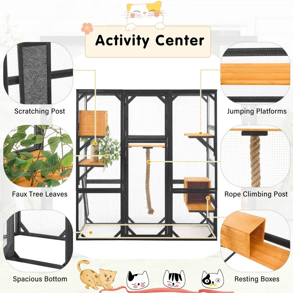 Cat Large Outdoor Catio Enclosure, 62.8"L×32.2"W×68.5"H Balcony Cat Playpen with Dual  Access Doors, Multiple Platforms and 2 Private Condos, Suitable for 1 to 3 Cats, Black & Brown