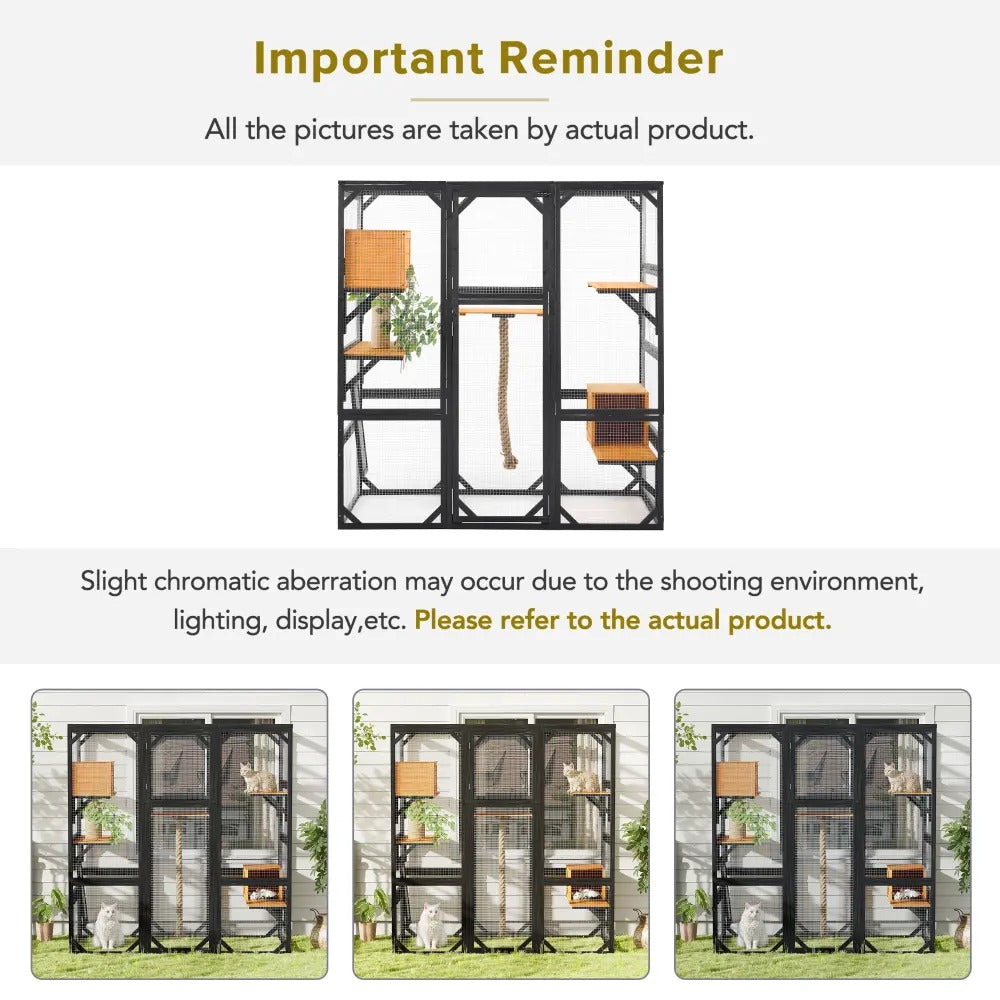 Large Outdoor Catio Enclosure, 62.8"L×32.2"W×68.5"H Balcony Cat Playpen with Dual  Access Doors, Multiple Platforms and 2 Private Condos, Suitable for 1 to 3 Cats, Black & Brown