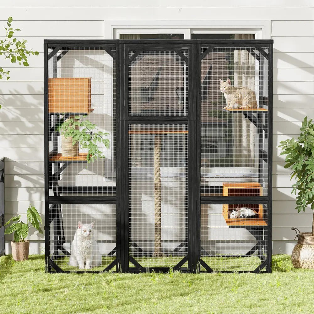 Cat Large Outdoor Catio Enclosure, 62.8"L×32.2"W×68.5"H Balcony Cat Playpen with Dual  Access Doors, Multiple Platforms and 2 Private Condos, Suitable for 1 to 3 Cats, Black & Brown