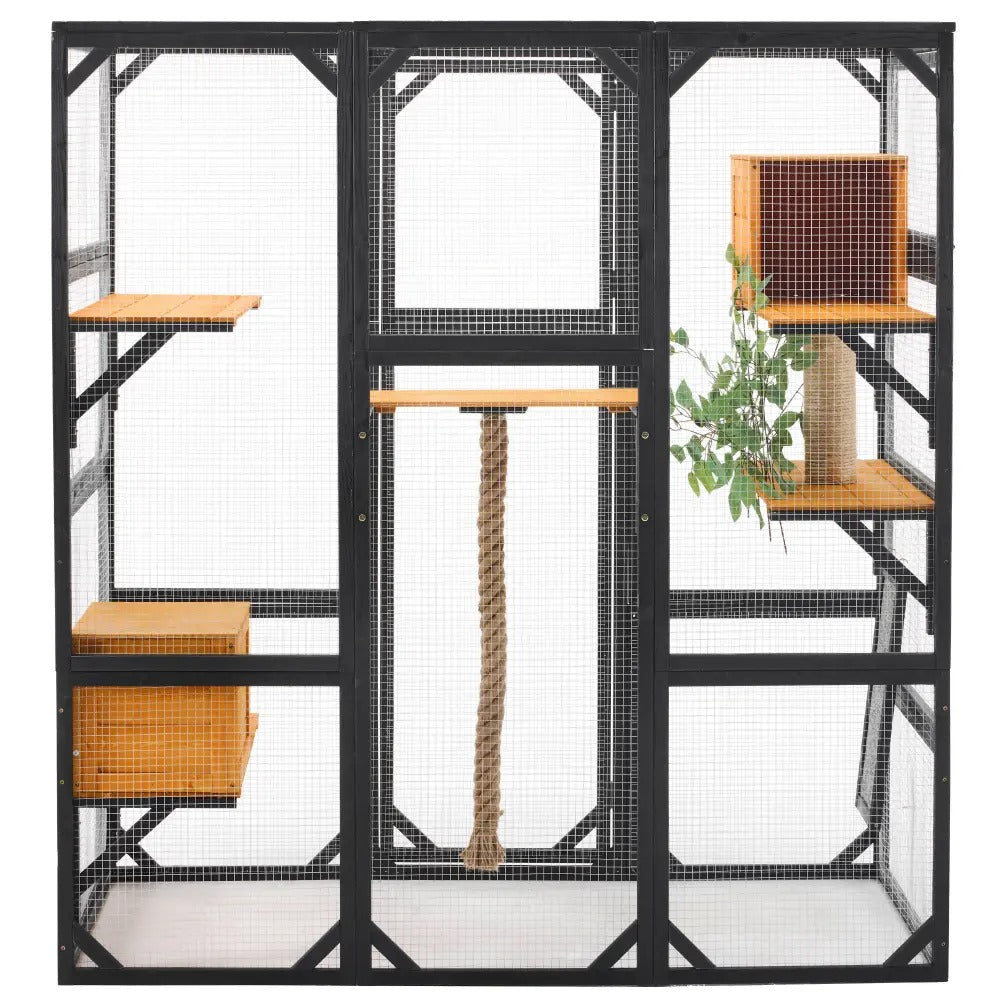 Large Outdoor Catio Enclosure, 62.8"L×32.2"W×68.5"H Balcony Cat Playpen with Dual  Access Doors, Multiple Platforms and 2 Private Condos, Suitable for 1 to 3 Cats, Black & Brown