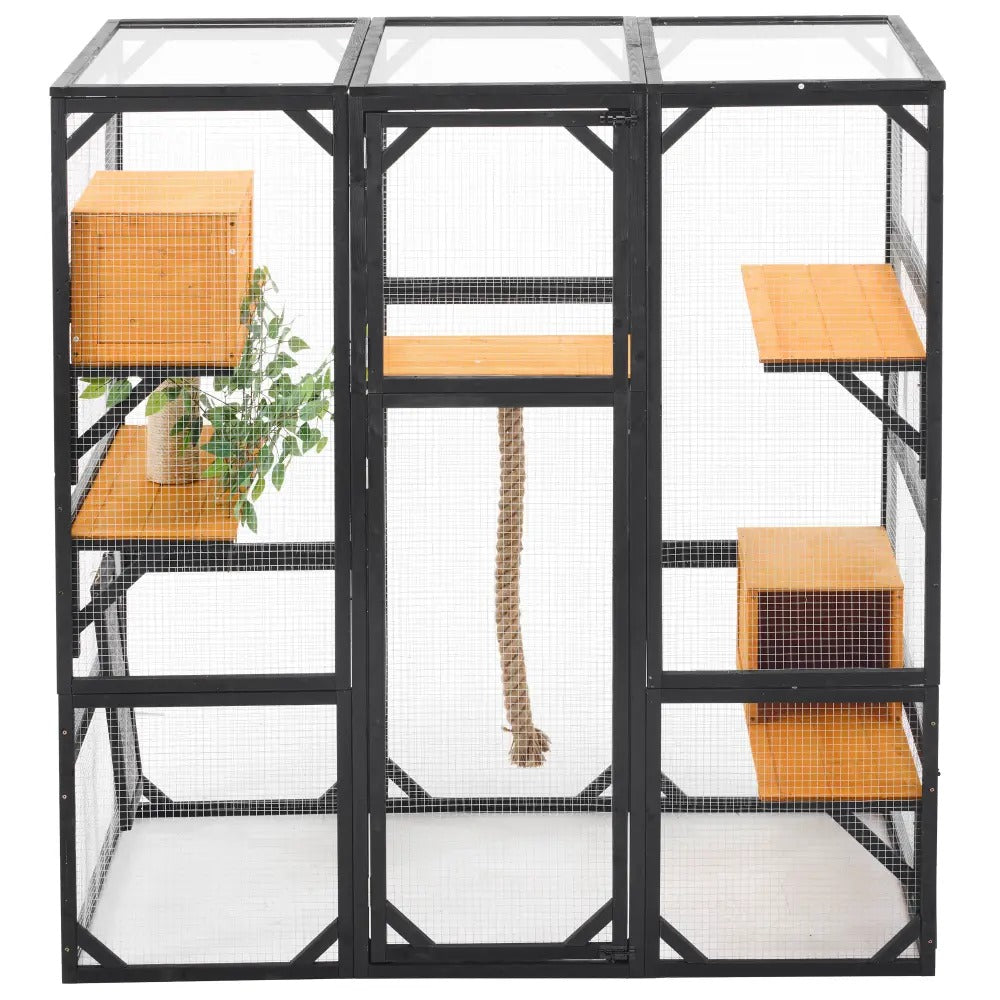 Large Outdoor Catio Enclosure, 62.8"L×32.2"W×68.5"H Balcony Cat Playpen with Dual  Access Doors, Multiple Platforms and 2 Private Condos, Suitable for 1 to 3 Cats, Black & Brown