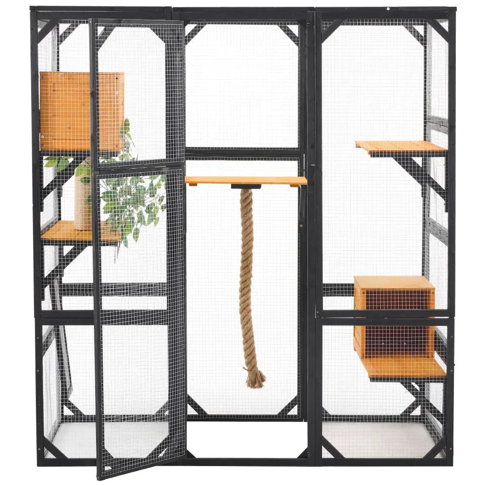 Large Outdoor Catio Enclosure, 62.8"L×32.2"W×68.5"H Balcony Cat Playpen with Dual  Access Doors, Multiple Platforms and 2 Private Condos, Suitable for 1 to 3 Cats, Black & Brown
