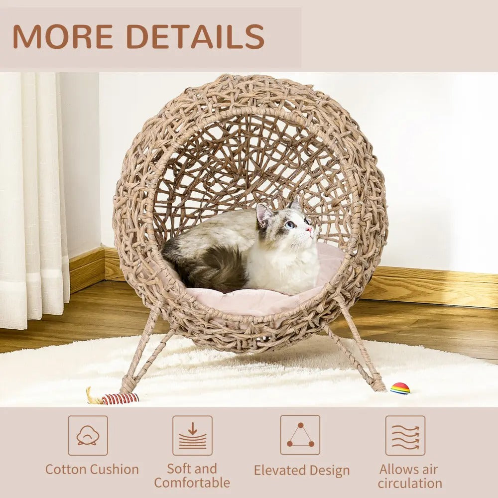 Cat Elevated Woven Banana Leaf Cat Bed, Hand Braided Pet Condo with Plush Cushion for  Kittens and Small Cats, Beige