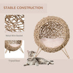 Cat Elevated Woven Banana Leaf Cat Bed, Hand Braided Pet Condo with Plush Cushion for  Kittens and Small Cats, Beige