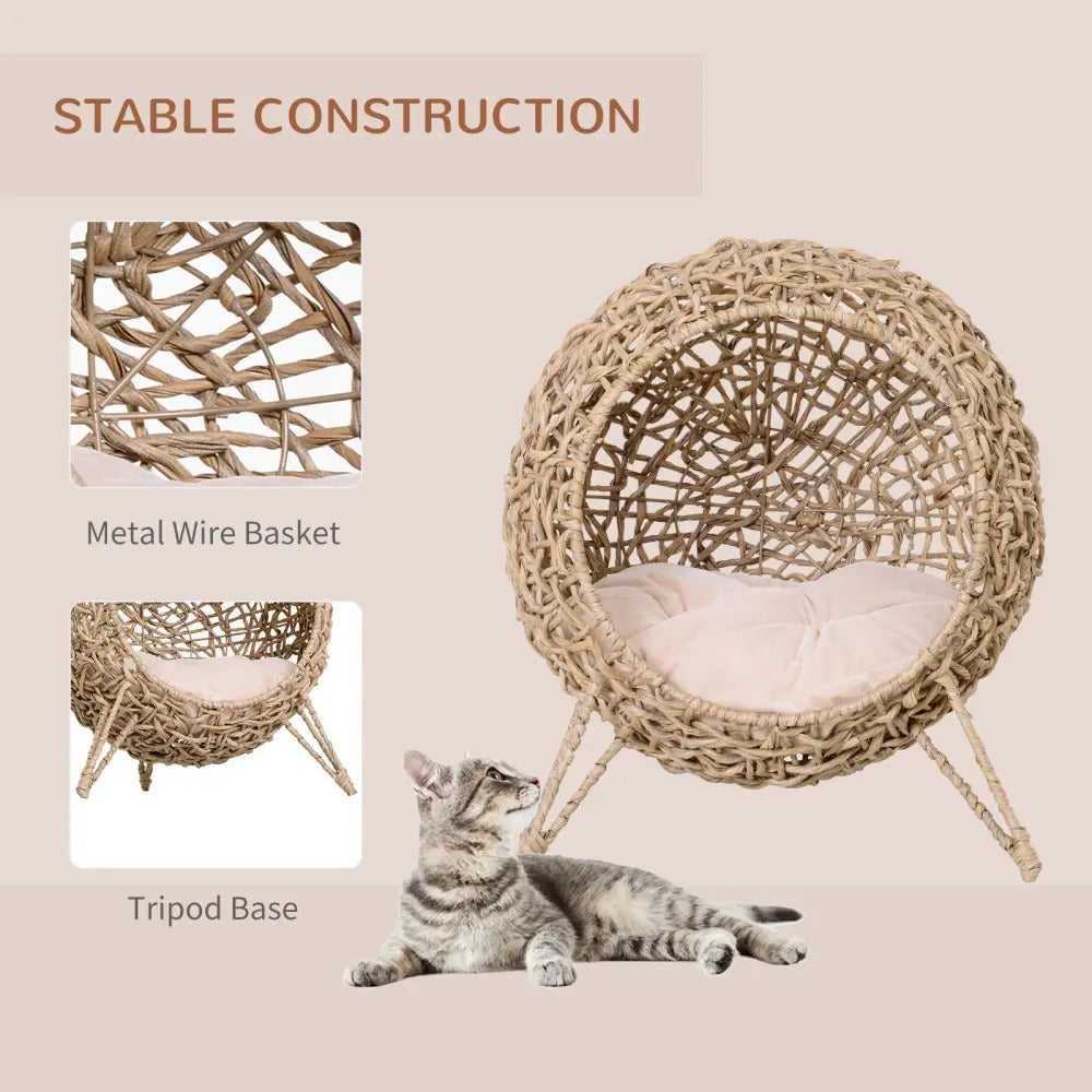 Cat Elevated Woven Banana Leaf Cat Bed, Hand Braided Pet Condo with Plush Cushion for  Kittens and Small Cats, Beige