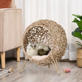 Cat Elevated Woven Banana Leaf Cat Bed, Hand Braided Pet Condo with Plush Cushion for  Kittens and Small Cats, Beige