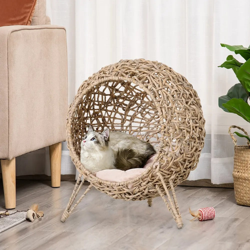 Elevated Woven Banana Leaf Cat Bed, Hand Braided Pet Condo with Plush Cushion for  Kittens and Small Cats, Beige