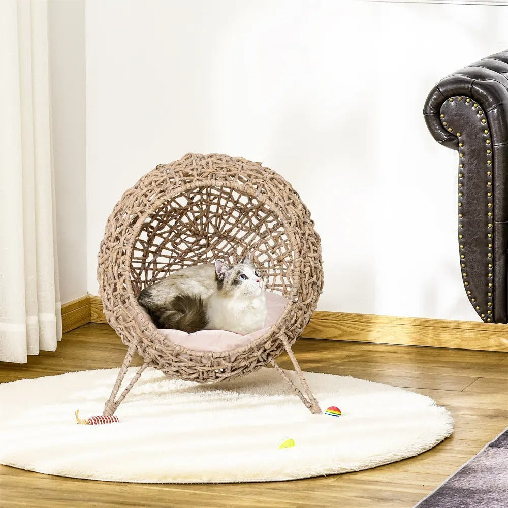 Elevated Woven Banana Leaf Cat Bed, Hand Braided Pet Condo with Plush Cushion for  Kittens and Small Cats, Beige