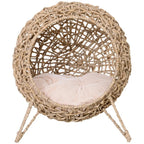 Cat Elevated Woven Banana Leaf Cat Bed, Hand Braided Pet Condo with Plush Cushion for  Kittens and Small Cats, Beige