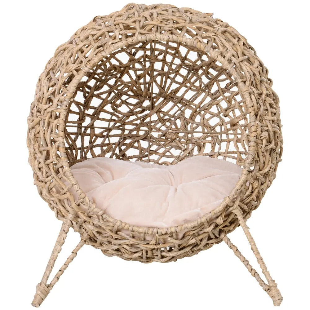 Elevated Woven Banana Leaf Cat Bed, Hand Braided Pet Condo with Plush Cushion for  Kittens and Small Cats, Beige