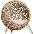 Cat Elevated Woven Banana Leaf Cat Bed, Hand Braided Pet Condo with Plush Cushion for  Kittens and Small Cats, Beige
