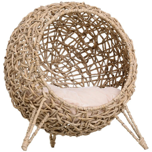 Cat Elevated Woven Banana Leaf Cat Bed, Hand Braided Pet Condo with Plush Cushion for  Kittens and Small Cats, Beige