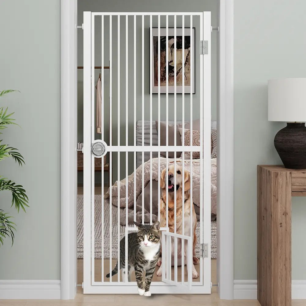 Extra Tall 61 Inch Pressure Mount Pet Gate with Small Cat Door, Adjustable 30.2"  to 32.6" No Drill Safety Barrier for Doorway and Kitchen, White