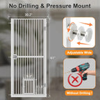 Dog & Cat Extra Tall 61 Inch Pressure Mount Pet Gate with Small Cat Door, Adjustable 30.2"  to 32.6" No Drill Safety Barrier for Doorway and Kitchen, White