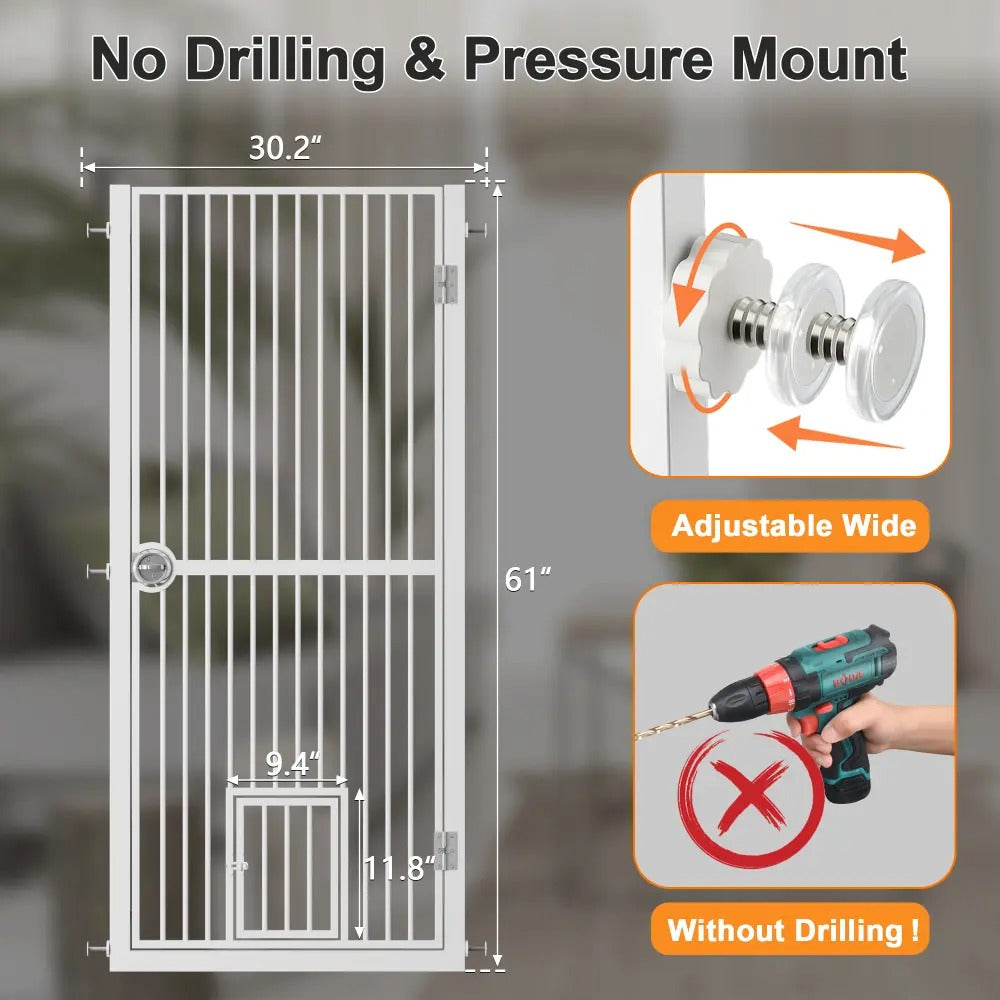 Dog & Cat Extra Tall 61 Inch Pressure Mount Pet Gate with Small Cat Door, Adjustable 30.2"  to 32.6" No Drill Safety Barrier for Doorway and Kitchen, White