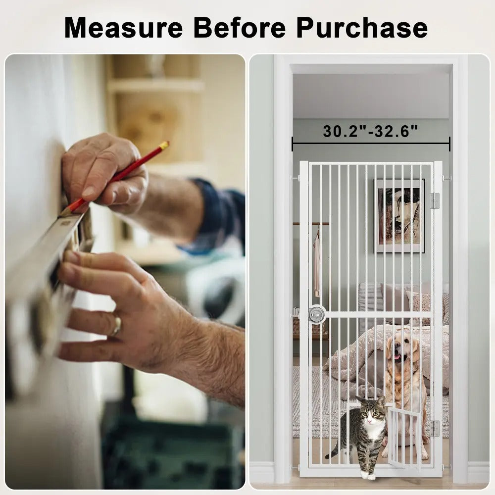 Dog & Cat Extra Tall 61 Inch Pressure Mount Pet Gate with Small Cat Door, Adjustable 30.2"  to 32.6" No Drill Safety Barrier for Doorway and Kitchen, White