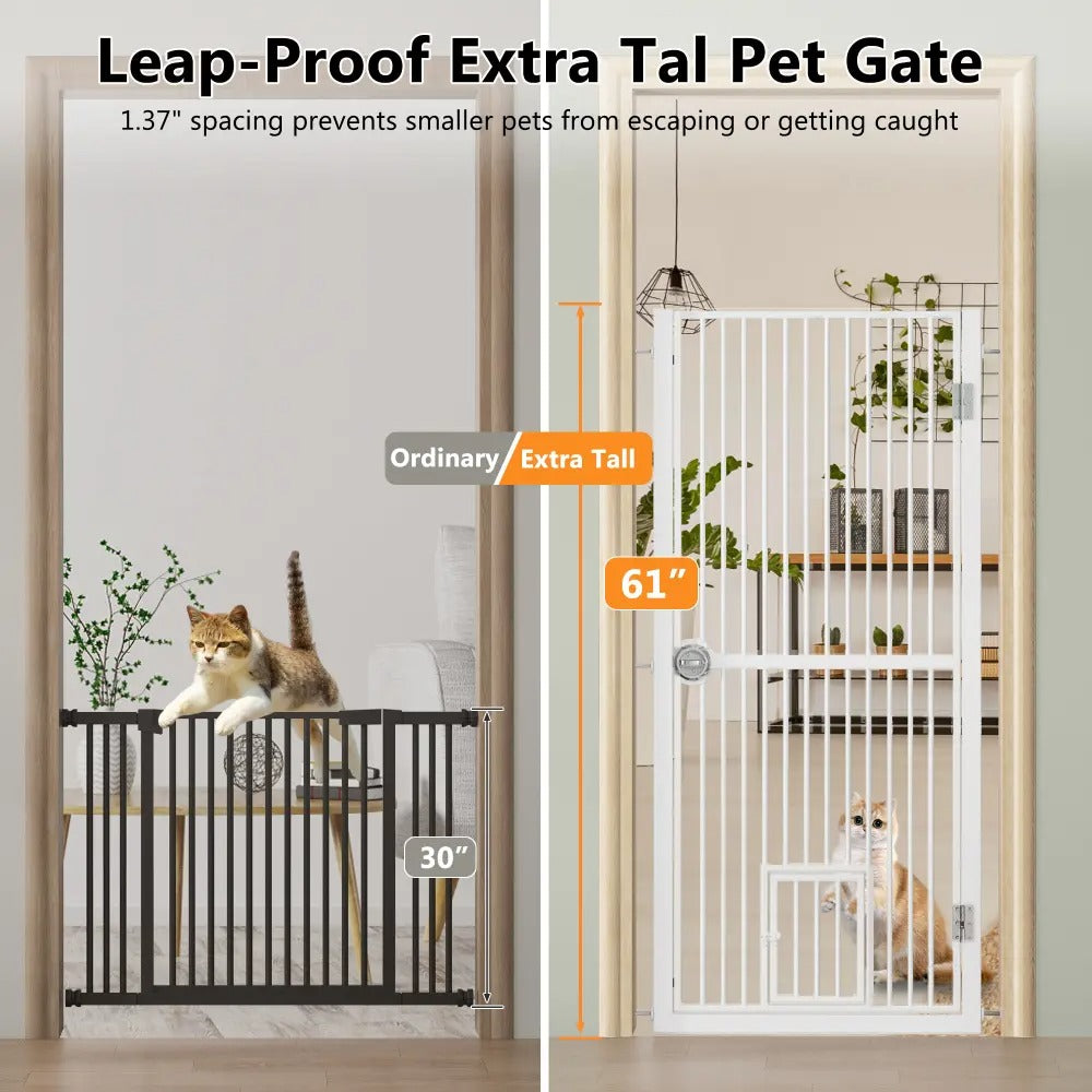 Dog & Cat Extra Tall 61 Inch Pressure Mount Pet Gate with Small Cat Door, Adjustable 30.2"  to 32.6" No Drill Safety Barrier for Doorway and Kitchen, White