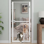 Dog & Cat Extra Tall 61 Inch Pressure Mount Pet Gate with Small Cat Door, Adjustable 30.2"  to 32.6" No Drill Safety Barrier for Doorway and Kitchen, White