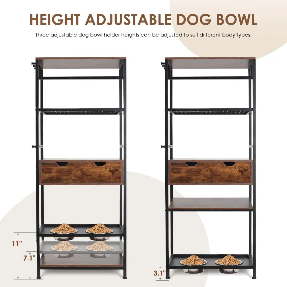 Dog & Cat Farmhouse Style Pet Feeder Station with Adjustable Height Bowls and Storage Shelves , Elevated Dog Feeding Stand for Dogs and Cats