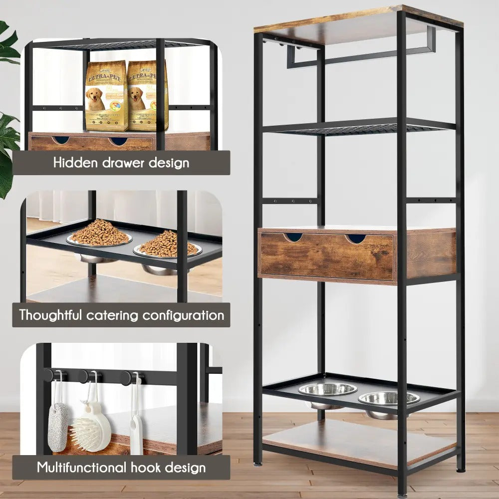 Farmhouse Style Pet Feeder Station with Adjustable Height Bowls and Storage Shelves , Elevated Dog Feeding Stand for Dogs and Cats
