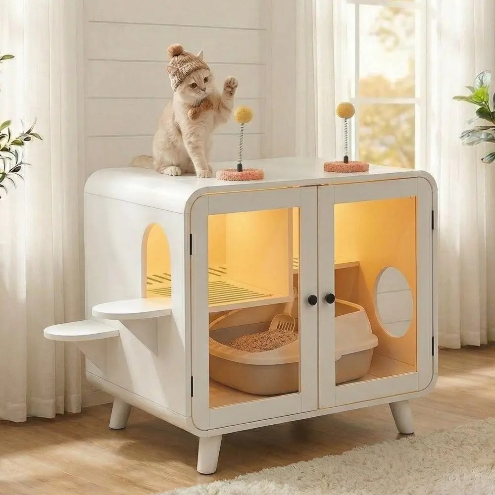 Furniture Style Cat Litter Box Enclosure with RGB Lights, Stairs and Interactive  Toy, Anti-Tracking Mat Walkway & Clear Glass Doors, White Indoor Cat House