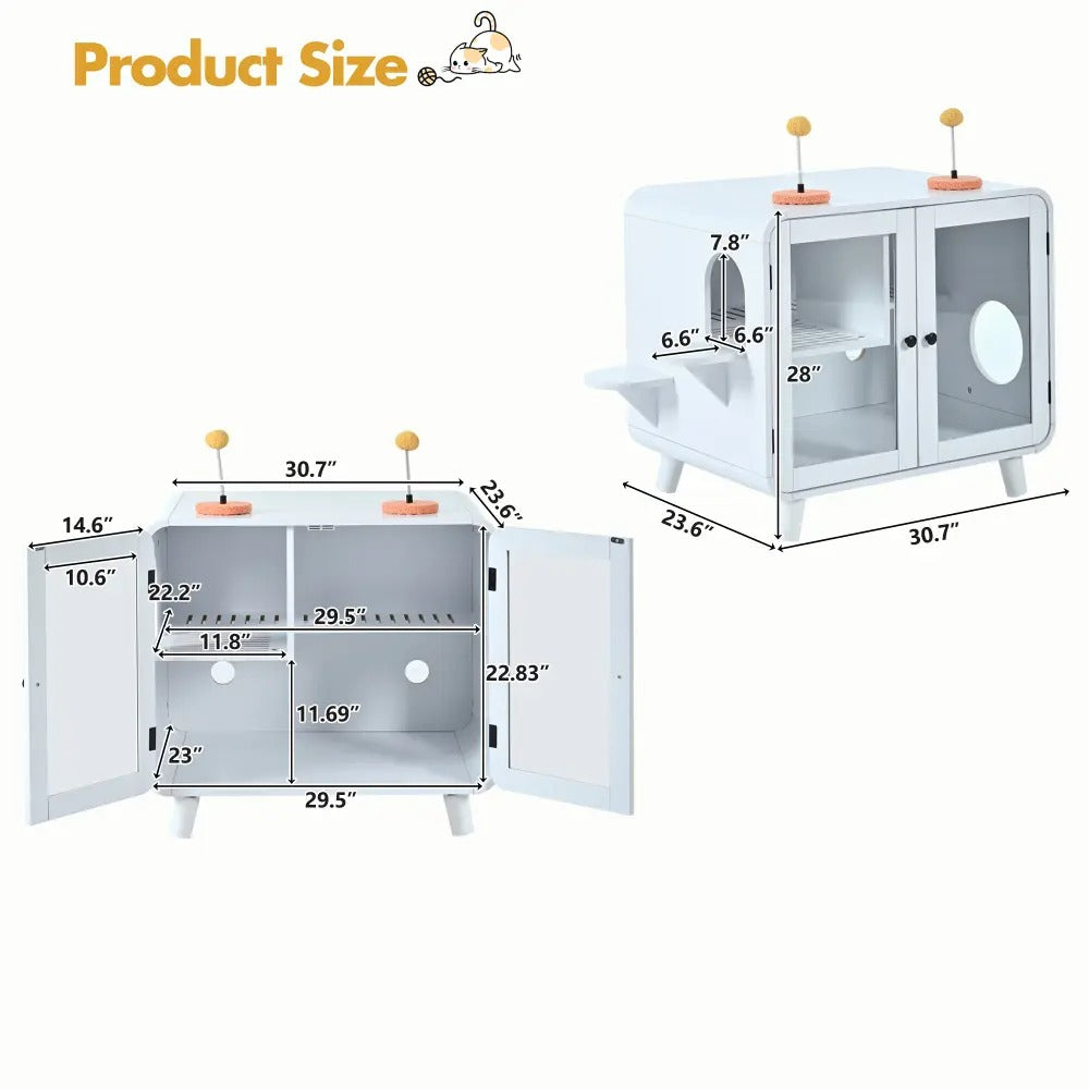 Cat Furniture Style Cat Litter Box Enclosure with RGB Lights, Stairs and Interactive Toy, Anti-Tracking Mat Walkway & Clear Glass Doors, White Indoor Cat House