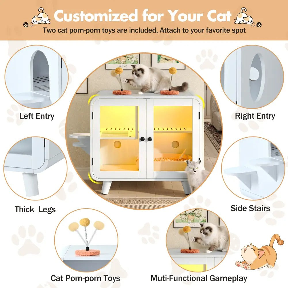 Cat Furniture Style Cat Litter Box Enclosure with RGB Lights, Stairs and Interactive Toy, Anti-Tracking Mat Walkway & Clear Glass Doors, White Indoor Cat House