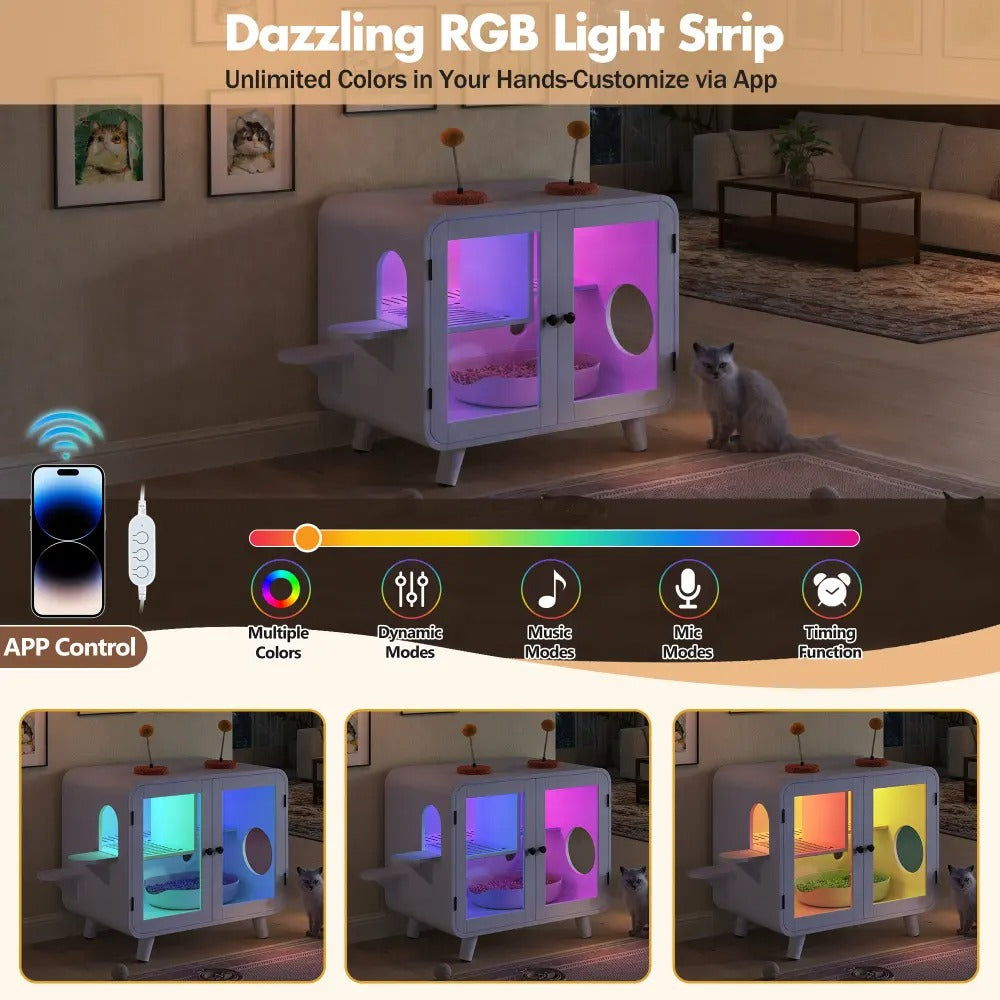 Cat Furniture Style Cat Litter Box Enclosure with RGB Lights, Stairs and Interactive Toy, Anti-Tracking Mat Walkway & Clear Glass Doors, White Indoor Cat House