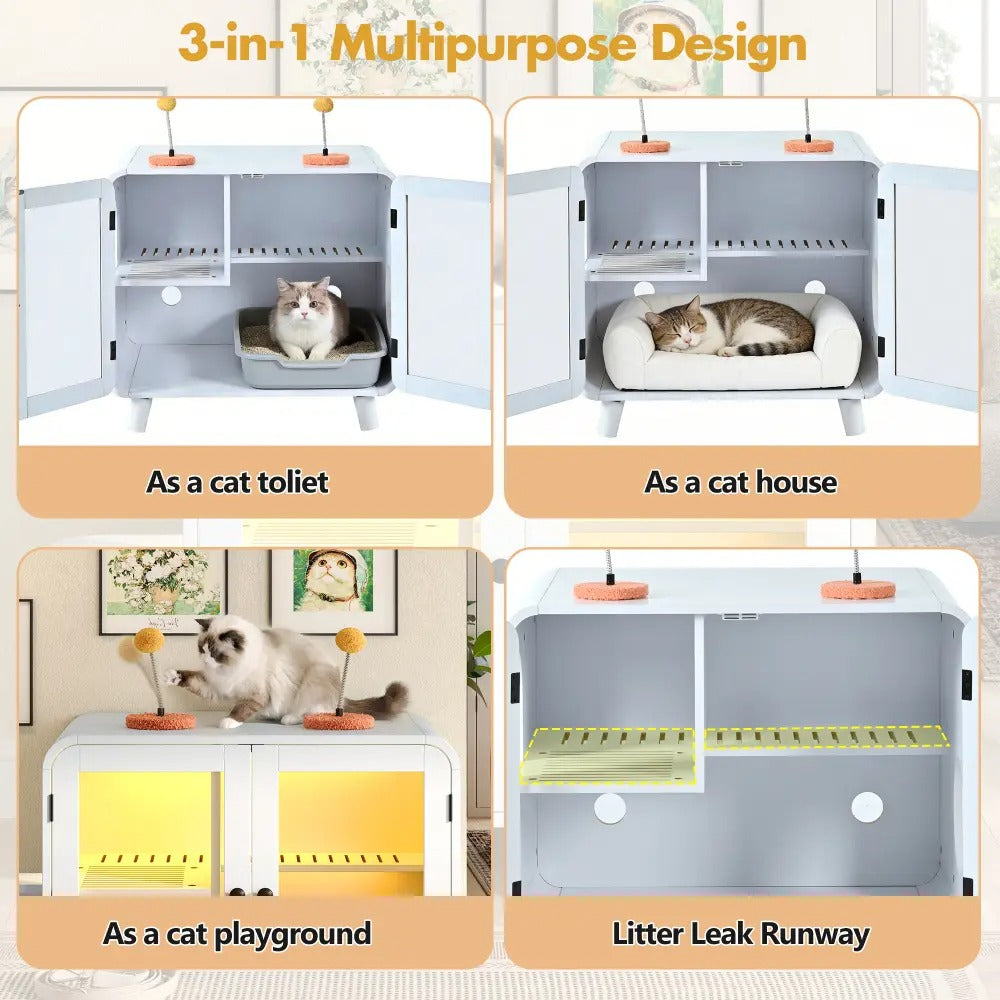 Cat Furniture Style Cat Litter Box Enclosure with RGB Lights, Stairs and Interactive Toy, Anti-Tracking Mat Walkway & Clear Glass Doors, White Indoor Cat House