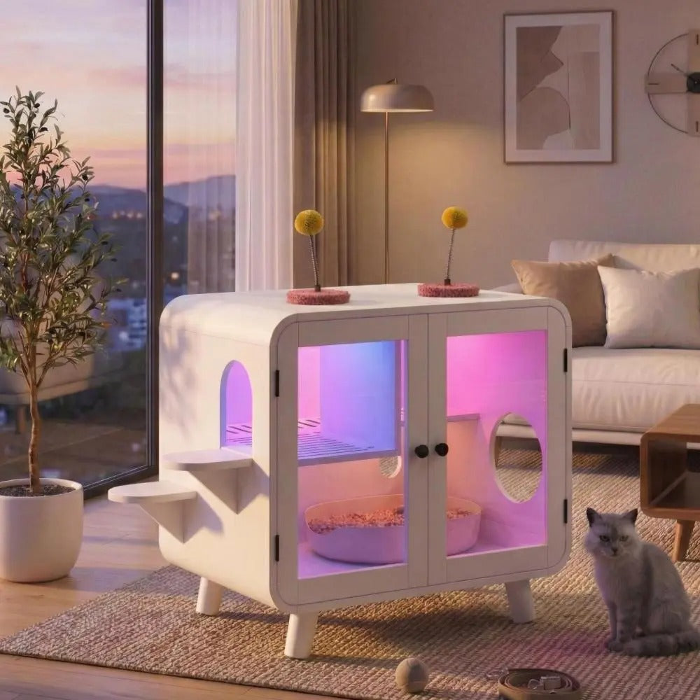 Furniture Style Cat Litter Box Enclosure with RGB Lights, Stairs and Interactive  Toy, Anti-Tracking Mat Walkway & Clear Glass Doors, White Indoor Cat House