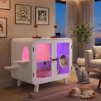 Cat Furniture Style Cat Litter Box Enclosure with RGB Lights, Stairs and Interactive Toy, Anti-Tracking Mat Walkway & Clear Glass Doors, White Indoor Cat House