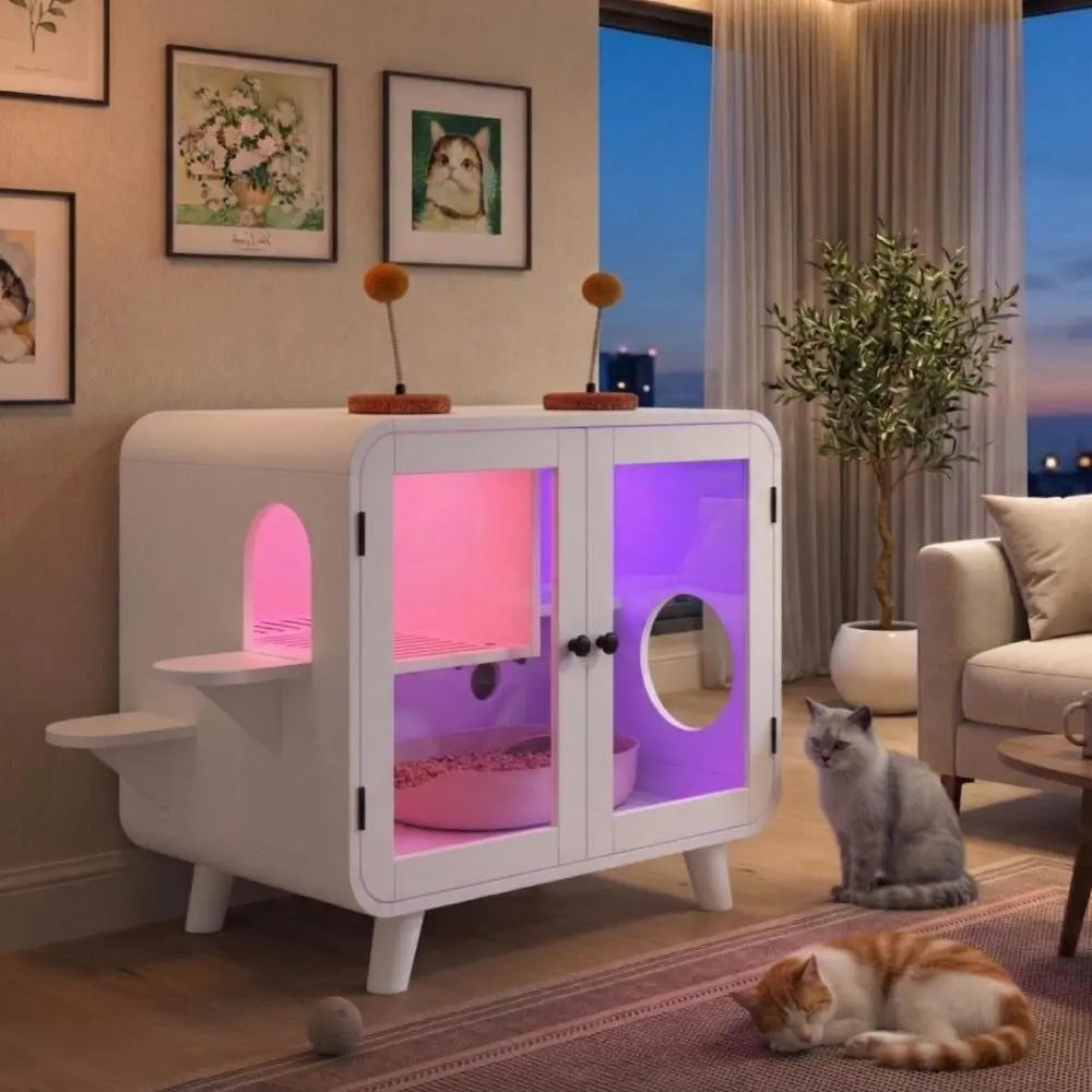 Furniture Style Cat Litter Box Enclosure with RGB Lights, Stairs and Interactive  Toy, Anti-Tracking Mat Walkway & Clear Glass Doors, White Indoor Cat House