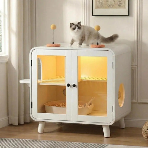 Cat Furniture Style Cat Litter Box Enclosure with RGB Lights, Stairs and Interactive Toy, Anti-Tracking Mat Walkway & Clear Glass Doors, White Indoor Cat House