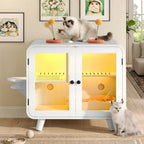 Cat Furniture Style Cat Litter Box Enclosure with RGB Lights, Stairs and Interactive Toy, Anti-Tracking Mat Walkway & Clear Glass Doors, White Indoor Cat House