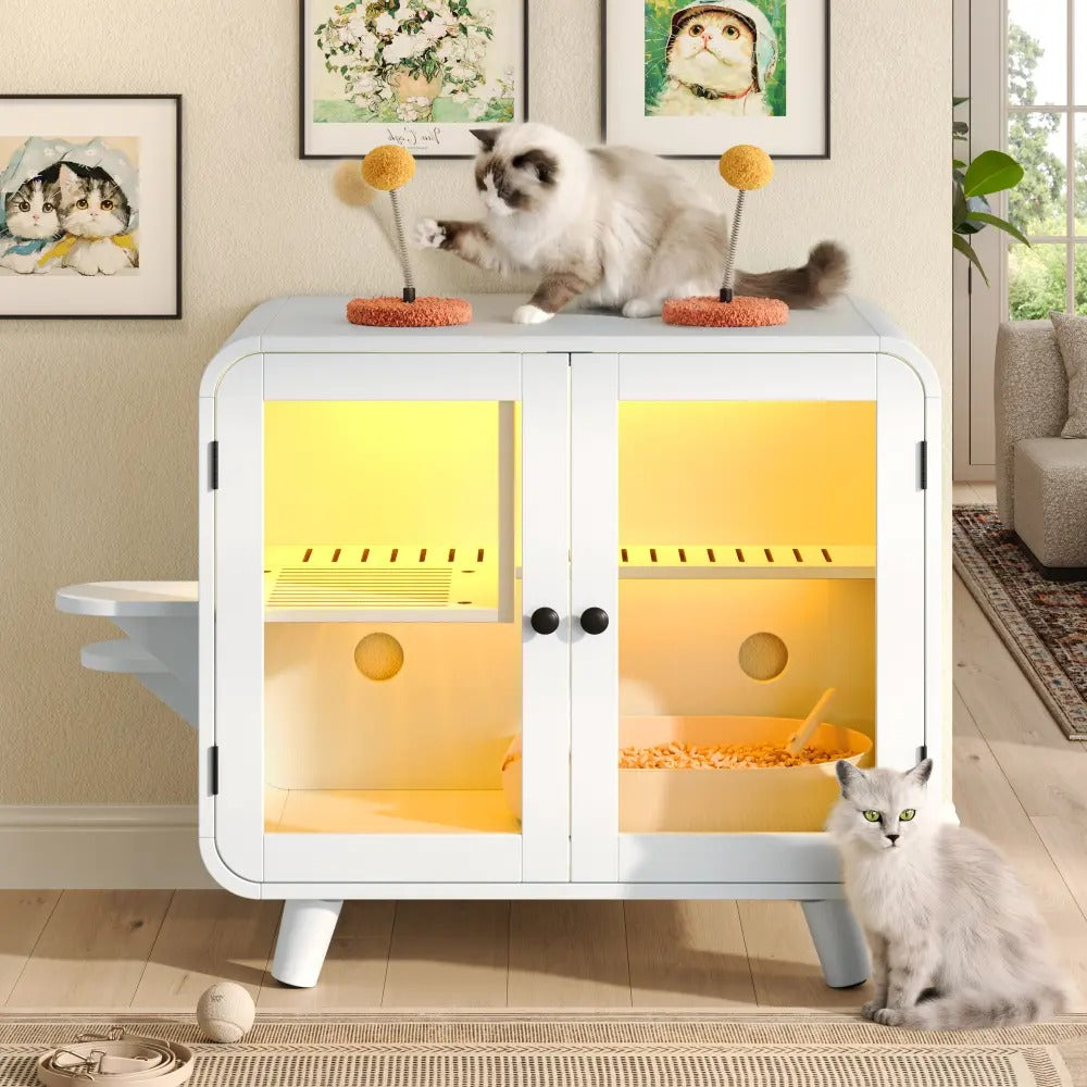 Furniture Style Cat Litter Box Enclosure with RGB Lights, Stairs and Interactive  Toy, Anti-Tracking Mat Walkway & Clear Glass Doors, White Indoor Cat House