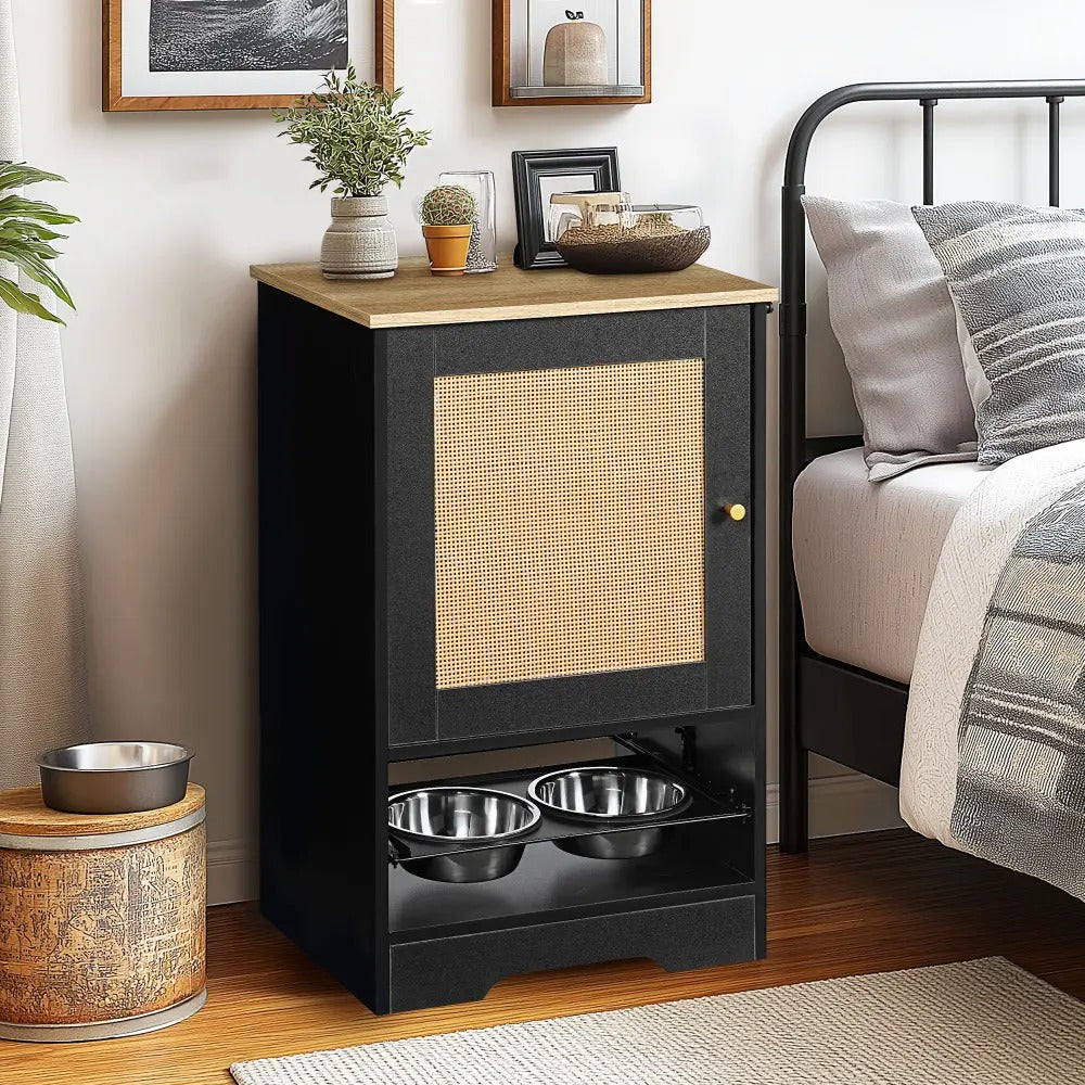 Furniture Style Hidden Dog Feeding Station with Storage Cabinet, Two Elevated  Bowls, Hanging Hooks and Anti-Tip Kit, Pet Food & Water Organizer, Black