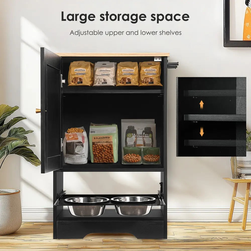Furniture Style Hidden Dog Feeding Station with Storage Cabinet, Two Elevated  Bowls, Hanging Hooks and Anti-Tip Kit, Pet Food & Water Organizer, Black