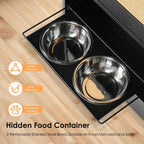Dog & Cat Furniture Style Hidden Dog Feeding Station with Storage Cabinet, Two Elevated  Bowls, Hanging Hooks and Anti-Tip Kit, Pet Food & Water Organizer, Black