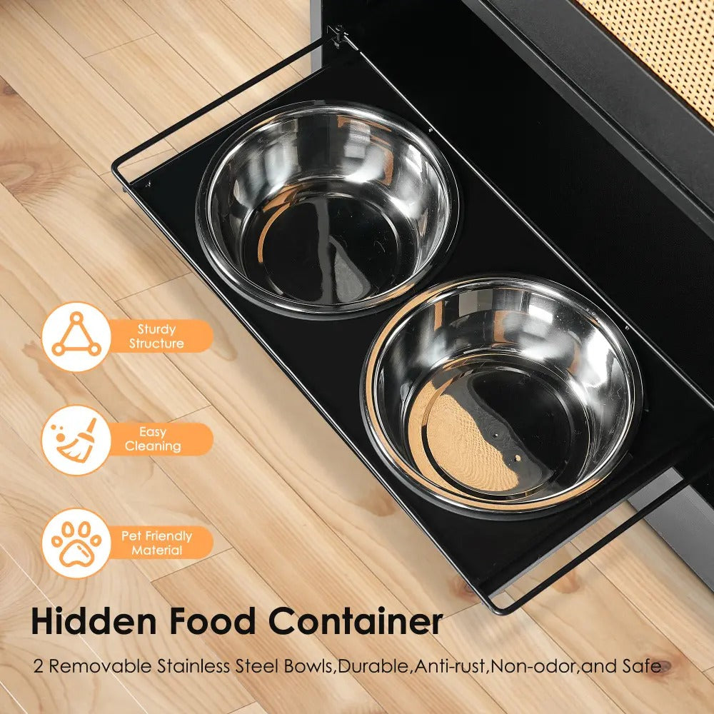 Furniture Style Hidden Dog Feeding Station with Storage Cabinet, Two Elevated  Bowls, Hanging Hooks and Anti-Tip Kit, Pet Food & Water Organizer, Black