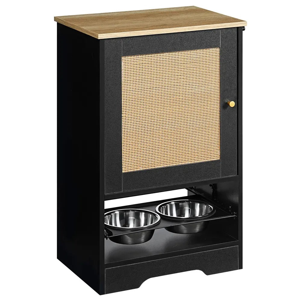 Furniture Style Hidden Dog Feeding Station with Storage Cabinet, Two Elevated  Bowls, Hanging Hooks and Anti-Tip Kit, Pet Food & Water Organizer, Black
