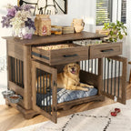 Dog Furniture Style Wooden Dog Crate End Table 44.48 Inch, Indoor Decorative Dog Kennel  with 2 Storage Drawers and 360° Rotatable Feeding Bowls, Pet House for Medium Dogs, Brown